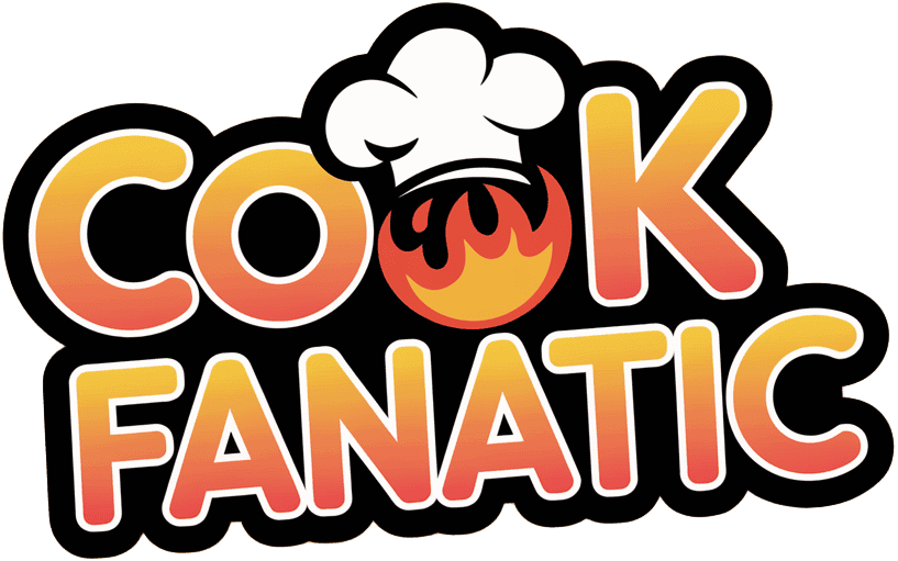 Logo with the text "Cook Fanatic" in gradient colors, featuring a chef's hat on the letter 'K' and a flame design within the letter 'O'.